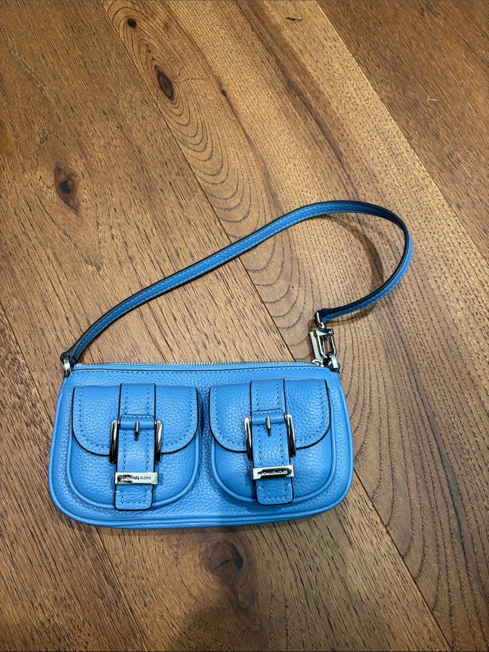Michael Kors Blue Pebbled Leather Mini Wristlet with Buckle Pockets